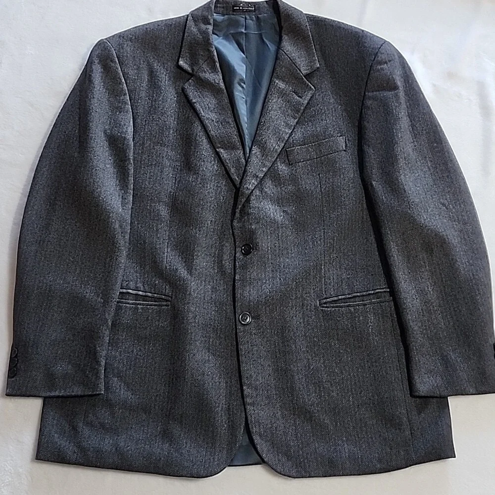 RBM Collection Mens 44R Grey Herringbone 100% Pure New Wool 2 Button Blazer Coat